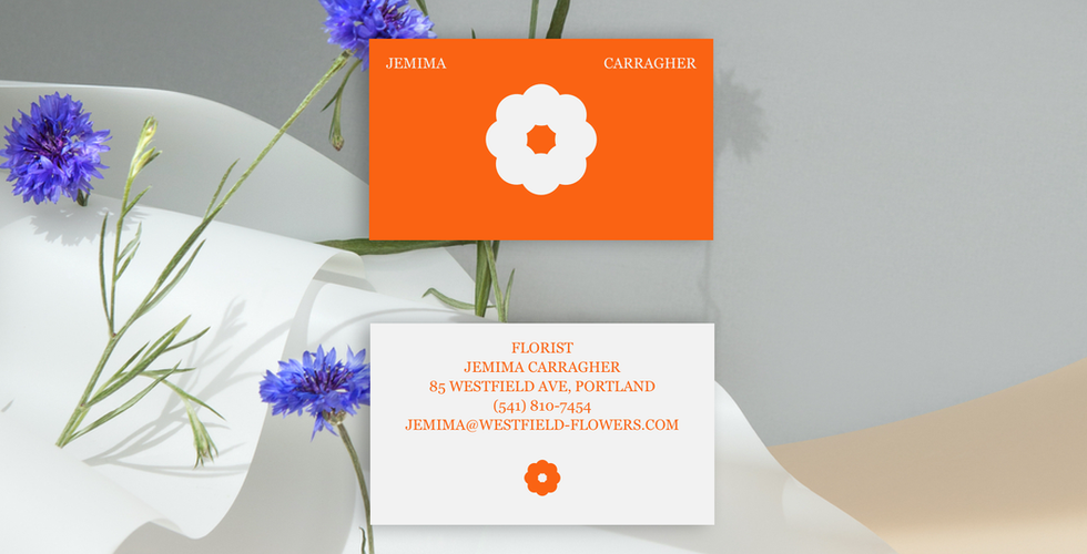 An orange business card for a florist named Jemima Carragher. The front and back of the card are shown over a gray and white background image with purple flowers.