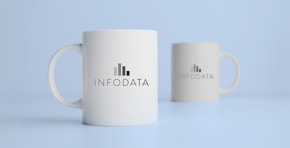 Two white mugs branded with the logo for a company called "Infodata", over a light blue background.